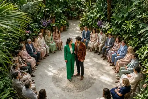 Couple standing in the center of a circle of seated guests in a greenhouse conservatory during a wedding ceremony