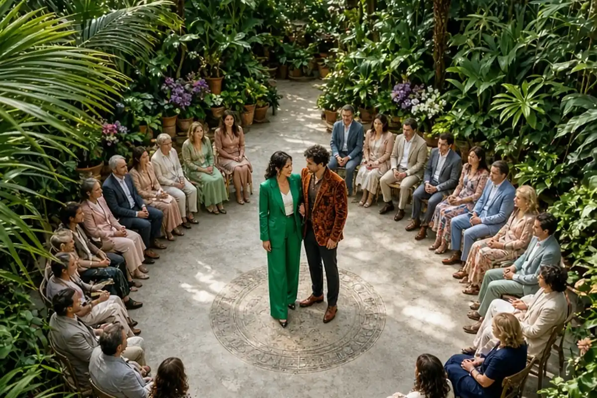 Couple standing in the center of a circle of seated guests in a greenhouse conservatory during a wedding ceremony