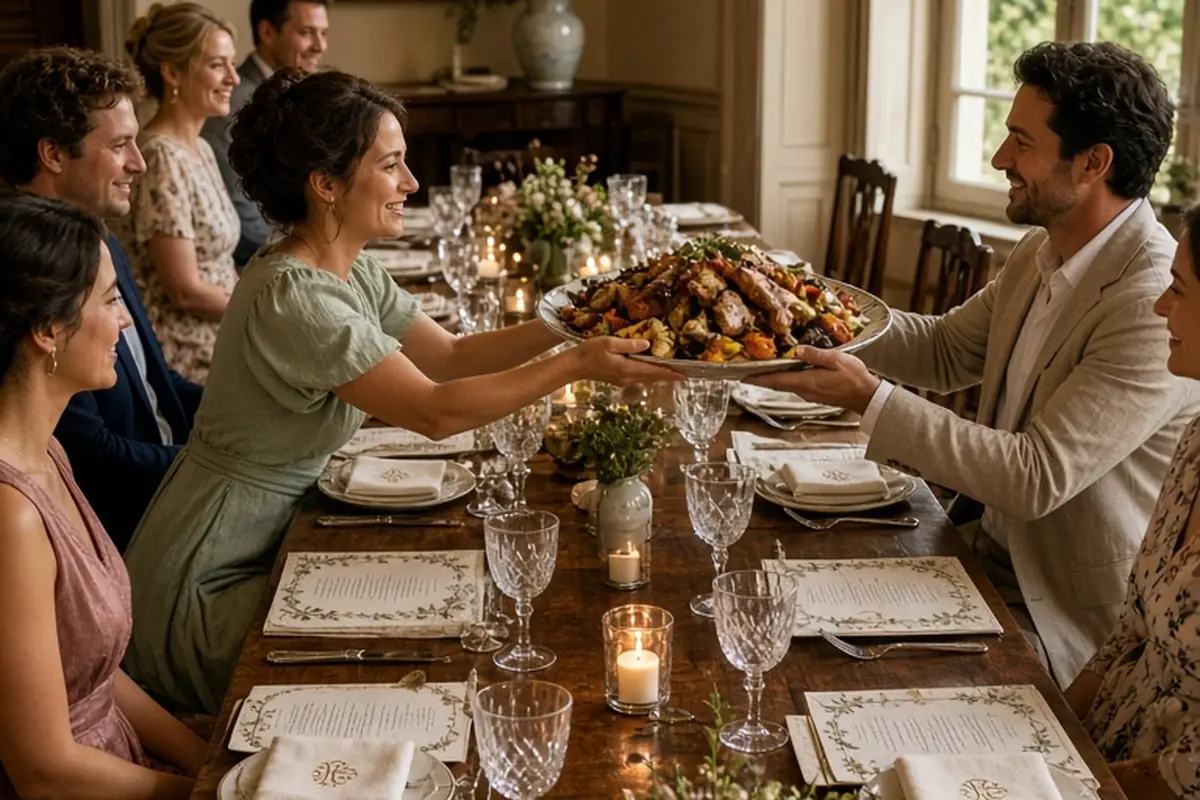 group of adults at a wedding reception table with one passing food platter to another in an intimate setting