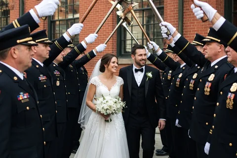 Bride and groom walking through crossed axe arch of ceremonial axes held by firefighters outside historic firehouse