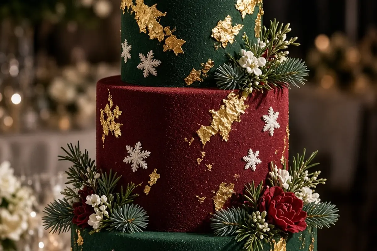 A multi-tiered Christmas wedding cake with deep hunter green and crimson velvet fondant tiers, adorned with edible gold leaf in torn organic patches, piped sugar snowflakes, delicate sugar flowers, an