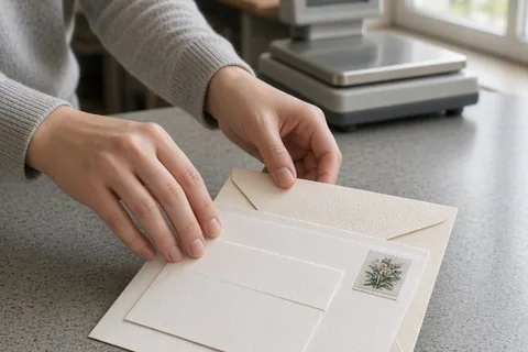 A person's hands placing invitation cards and envelopes on a post office counter