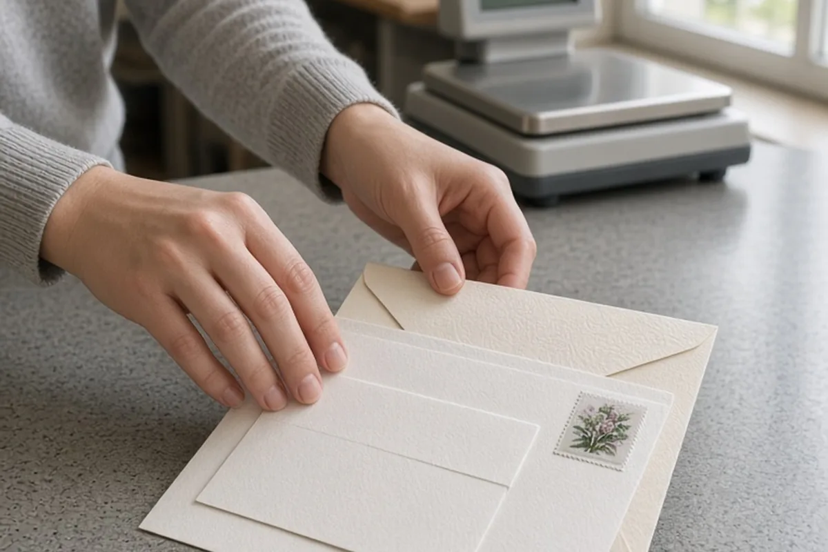 A person's hands placing invitation cards and envelopes on a post office counter