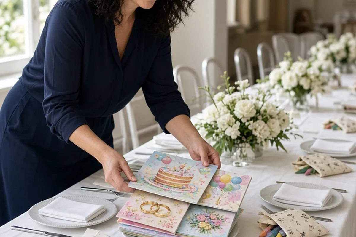 A woman in a professional dark blue blouse and skirt placing colorful activity books on a reception table setting for children