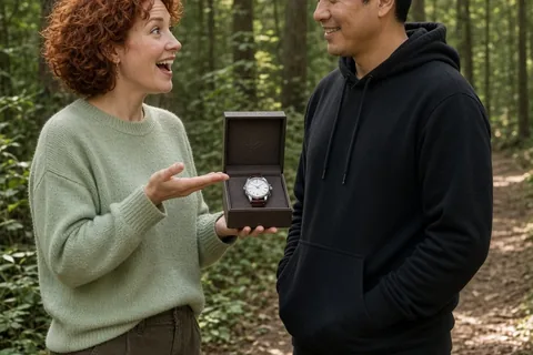 A woman with short curly red hair in a light green sweater presenting an open box containing a watch to a man with short black hair in a black hoodie on a wooded trail