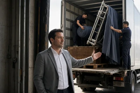 Logistics coordinator directing workers unloading heavy lighting rigs and staging from a truck at a venue loading dock