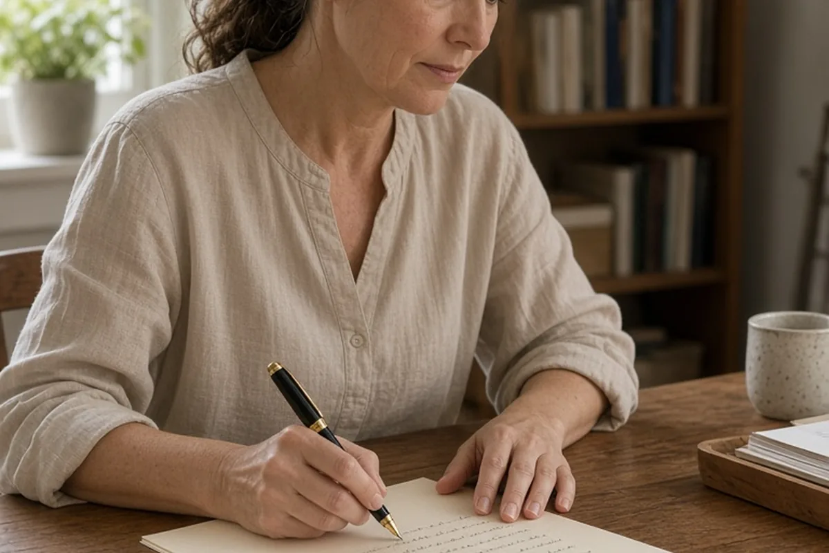 A mother at her desk writing a letter to her son, with the pen and open paper visible.