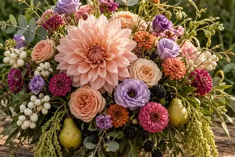 Lush wedding floral arrangement with cafe au lait dahlias, garden roses, lisianthus, zinnias, grasses, and fruit branches on a wooden table in a garden