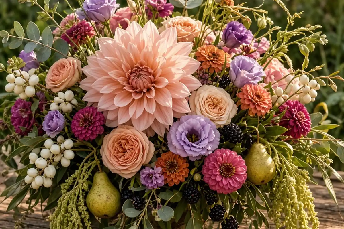 Lush wedding floral arrangement with cafe au lait dahlias, garden roses, lisianthus, zinnias, grasses, and fruit branches on a wooden table in a garden