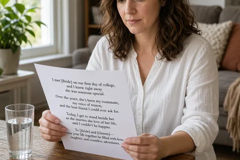 A woman in her thirties with wavy brown hair sitting at a desk in a living room, reading a speech script and sipping water from a glass.