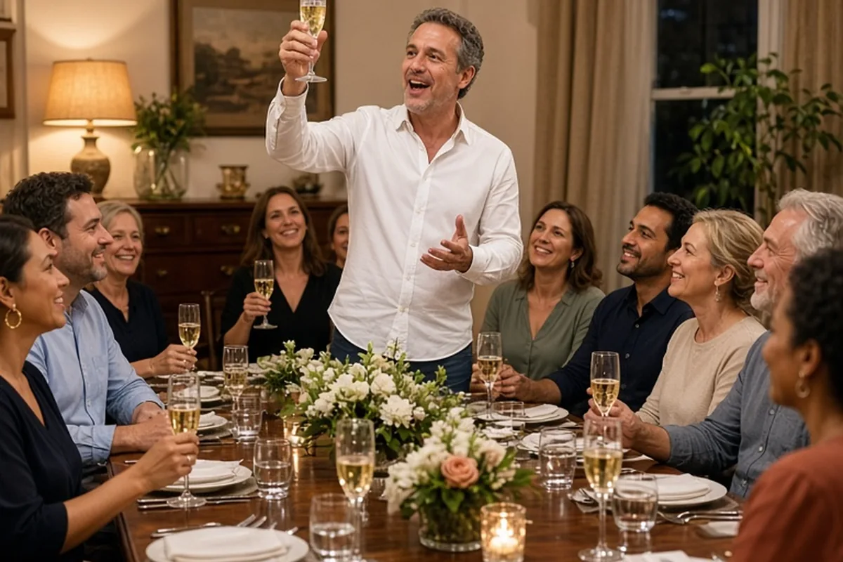 A man in his mid-forties raises a champagne glass while speaking at a dining table surrounded by seated guests during a rehearsal dinner