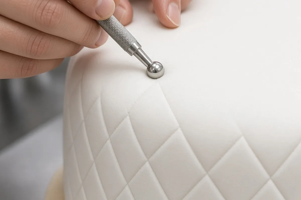 Close-up of adult hands pressing a ball tool into the quilted fondant on a white wedding cake tier creating a pocket for a pearl accent