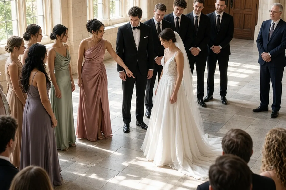 The bride and groom at the center with wedding attendants arranged in a semi-circular formation at the altar, one attendant pointing to the floor seam as their landmark