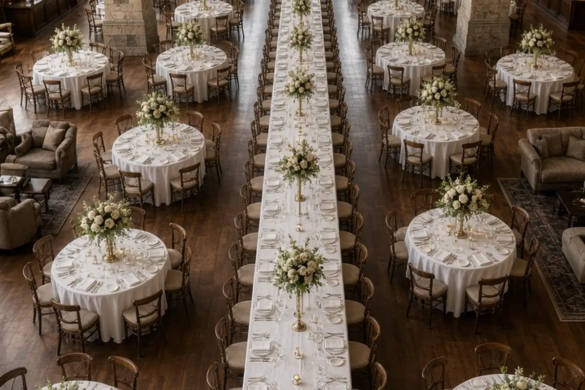 Hybrid wedding reception table layout in historic ballroom with banquet tables between four masonry pillars and round tables around the walls