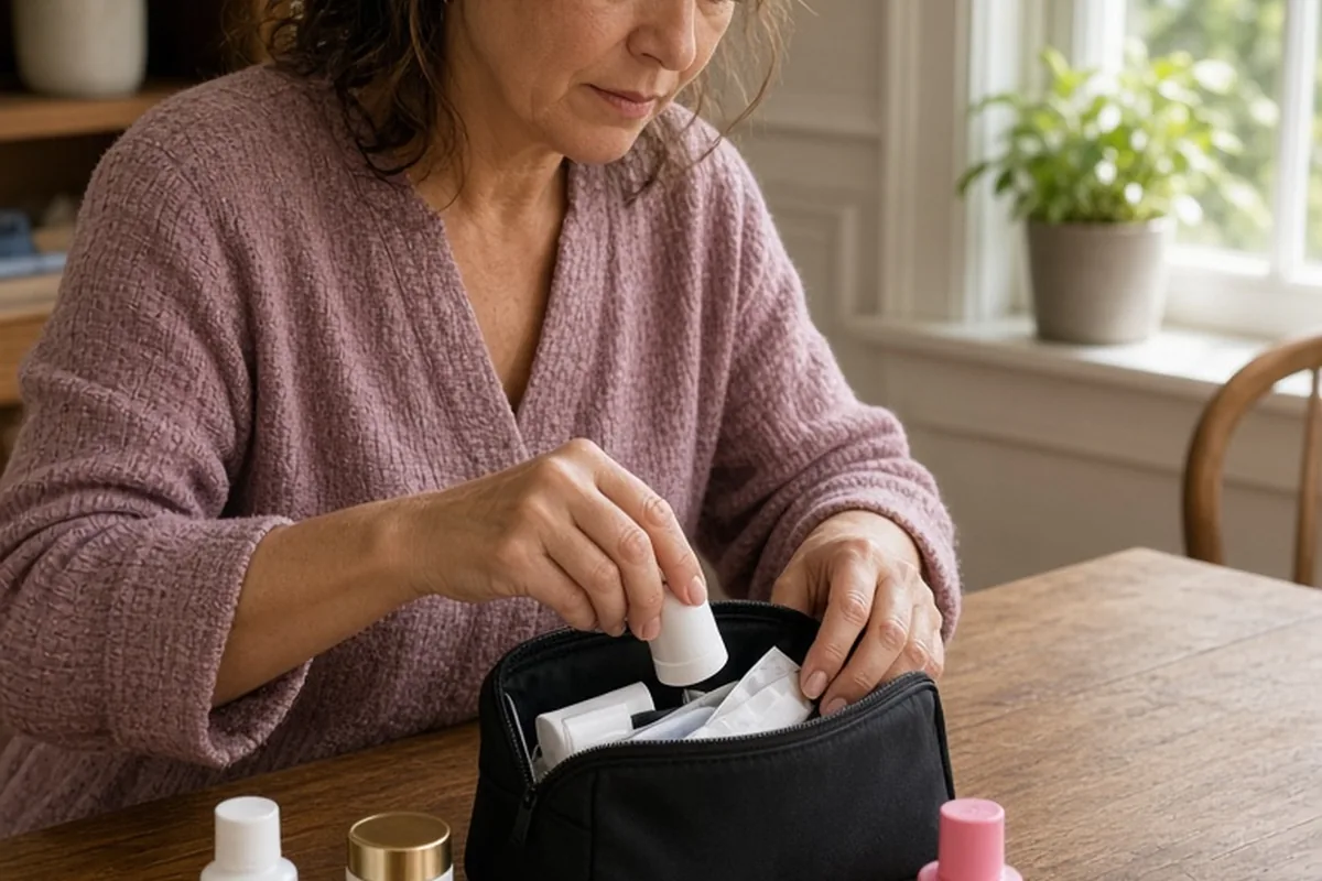 A woman with shoulder-length wavy dark brown hair sits at a wooden desk in a bright home office and carefully assembles a small emergency kit by placing fashion tape, safety pins, sewing thread, pain 