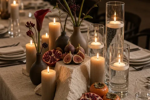 Long rectangular banquet table with asymmetrical low centerpiece of clustered ribbed pillar candles in matte ceramic vessels and glass hurricanes surrounded by stone slabs and whole fruits like pomegr