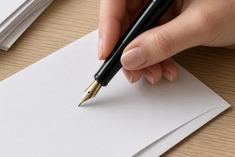 A hand writing a guest's name and address on a white wedding invitation envelope with a pen on a wooden desk