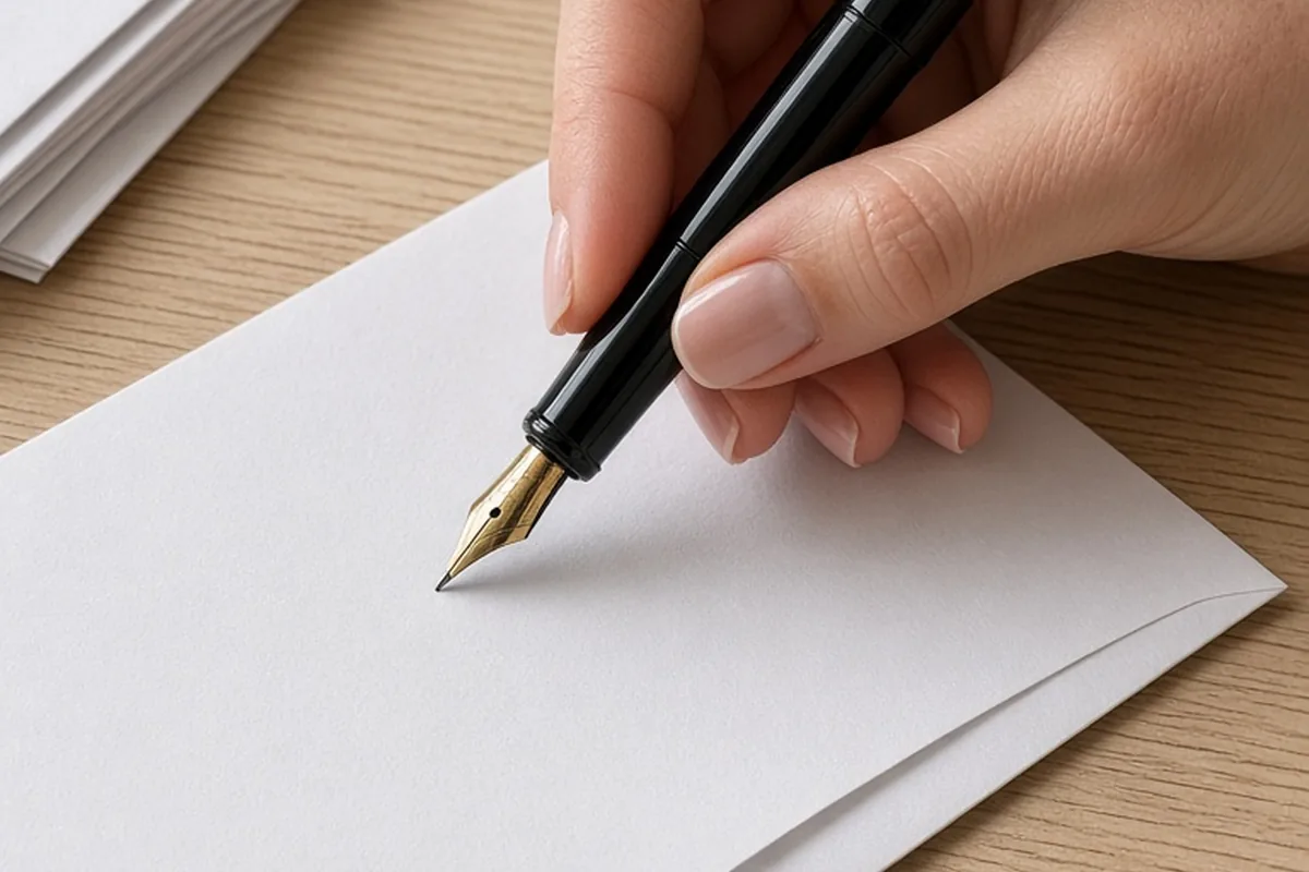 A hand writing a guest's name and address on a white wedding invitation envelope with a pen on a wooden desk