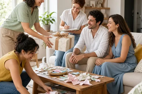 Three adults in a bright home living room during a wedding shower actively handing a gift to the couple, collecting wrapping paper scraps, and writing in a notebook