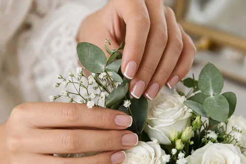 Close-up of a woman's hands with micro-French manicure holding a bridal bouquet of white roses and greenery