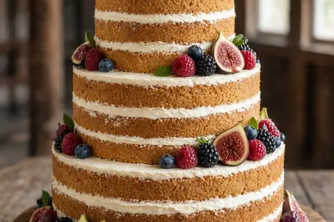 Three-tier naked wedding cake with bare sponge sides, visible filling layers, and fresh fruit garnishes on wooden stand in rustic barn setting