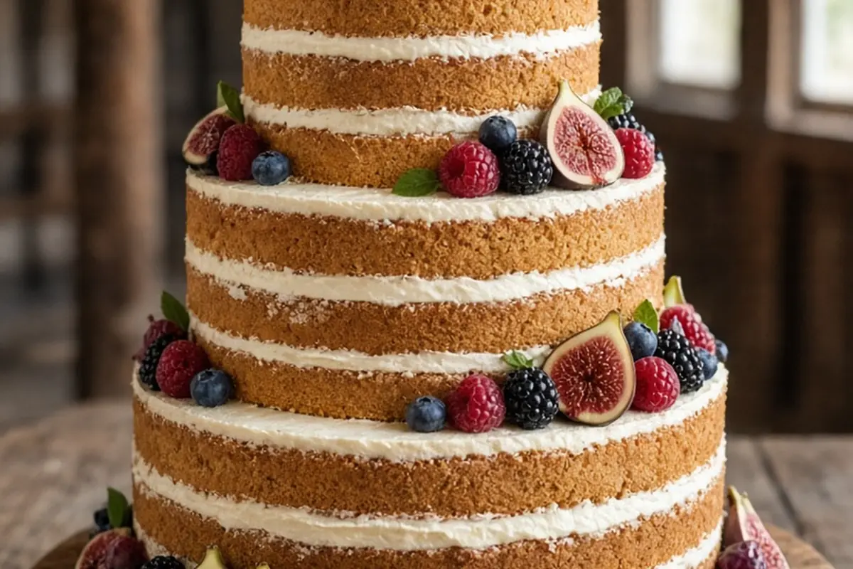 Three-tier naked wedding cake with bare sponge sides, visible filling layers, and fresh fruit garnishes on wooden stand in rustic barn setting