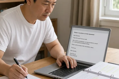 A man in a white t-shirt focused on typing a cancellation email on a laptop at a wooden desk, with an open binder of contracts beside him.