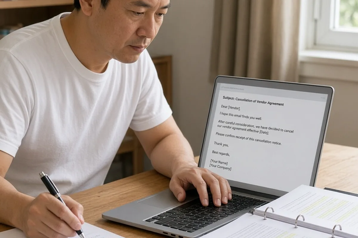 A man in a white t-shirt focused on typing a cancellation email on a laptop at a wooden desk, with an open binder of contracts beside him.
