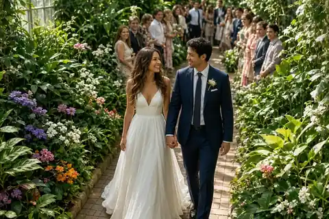 A woman in a flowing white gown and a man in a tailored navy suit walking hand in hand down a garden path in a botanical conservatory, entering their wedding ceremony with guests watching