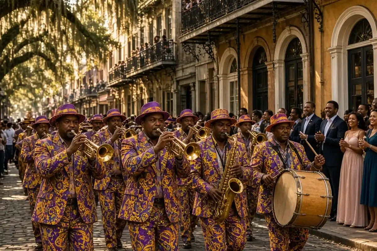 A vibrant second-line brass band parade with musicians playing brass instruments parading through the historic French Quarter streets of New Orleans, surrounded by Spanish moss trees and wrought-iron 