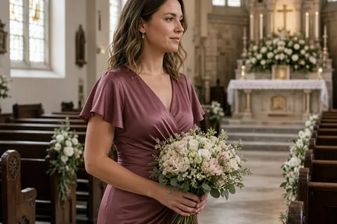 A woman in a formal maid of honor dress walking down the wedding aisle holding her bouquet at waist height with both hands