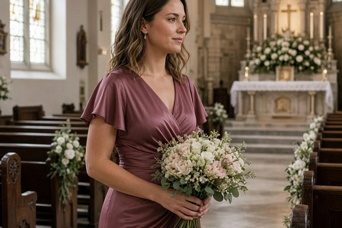 A woman in a formal maid of honor dress walking down the wedding aisle holding her bouquet at waist height with both hands