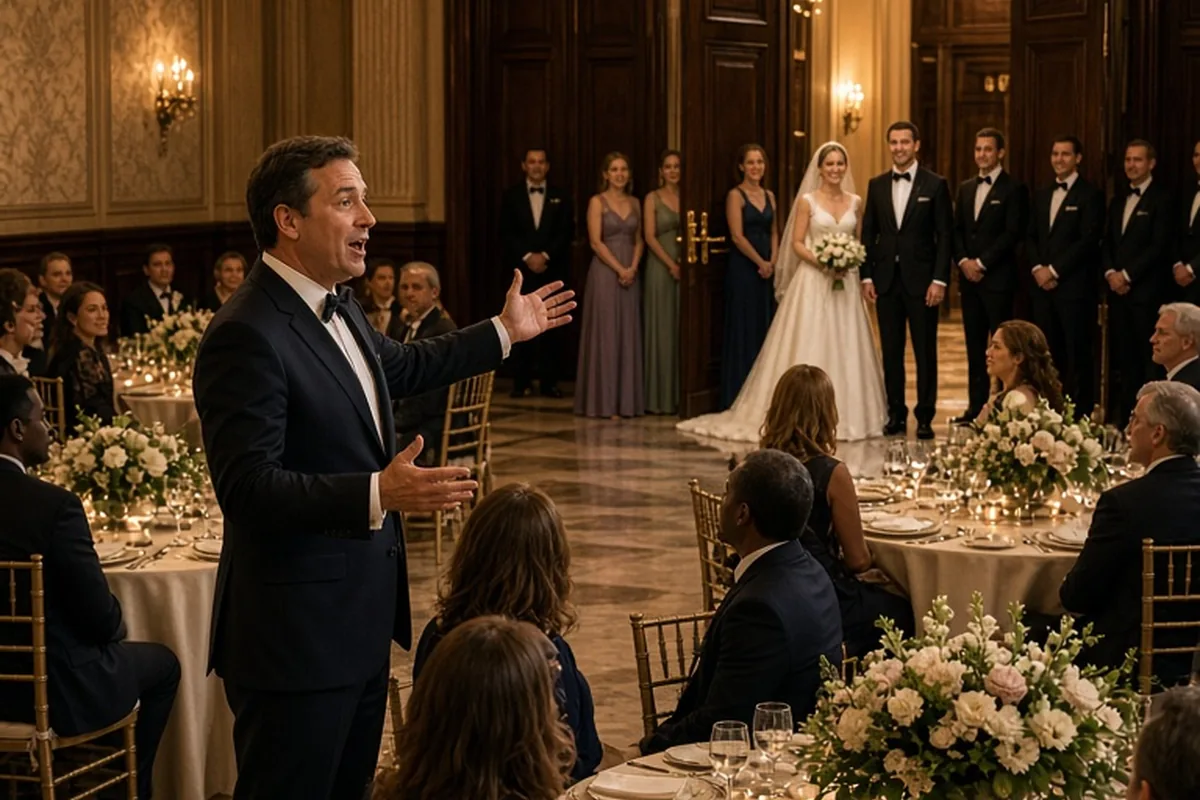 Master of ceremonies announcing to wedding guests in a grand hall as the bride and groom line up behind closed doors