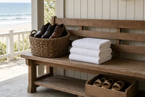 A dedicated footwear station set up at the entrance of a coastal pavilion with a bench, basket of shoes, flip-flops, and small towels