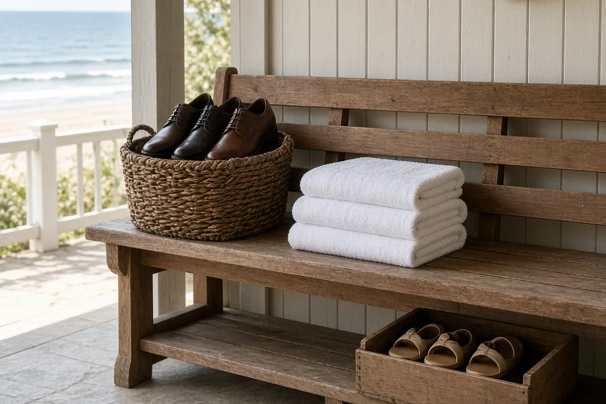 A dedicated footwear station set up at the entrance of a coastal pavilion with a bench, basket of shoes, flip-flops, and small towels