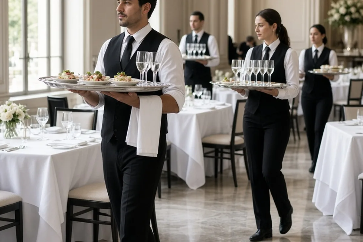 Catering staff carrying trays along clear pathways between dining tables in a wedding reception hall