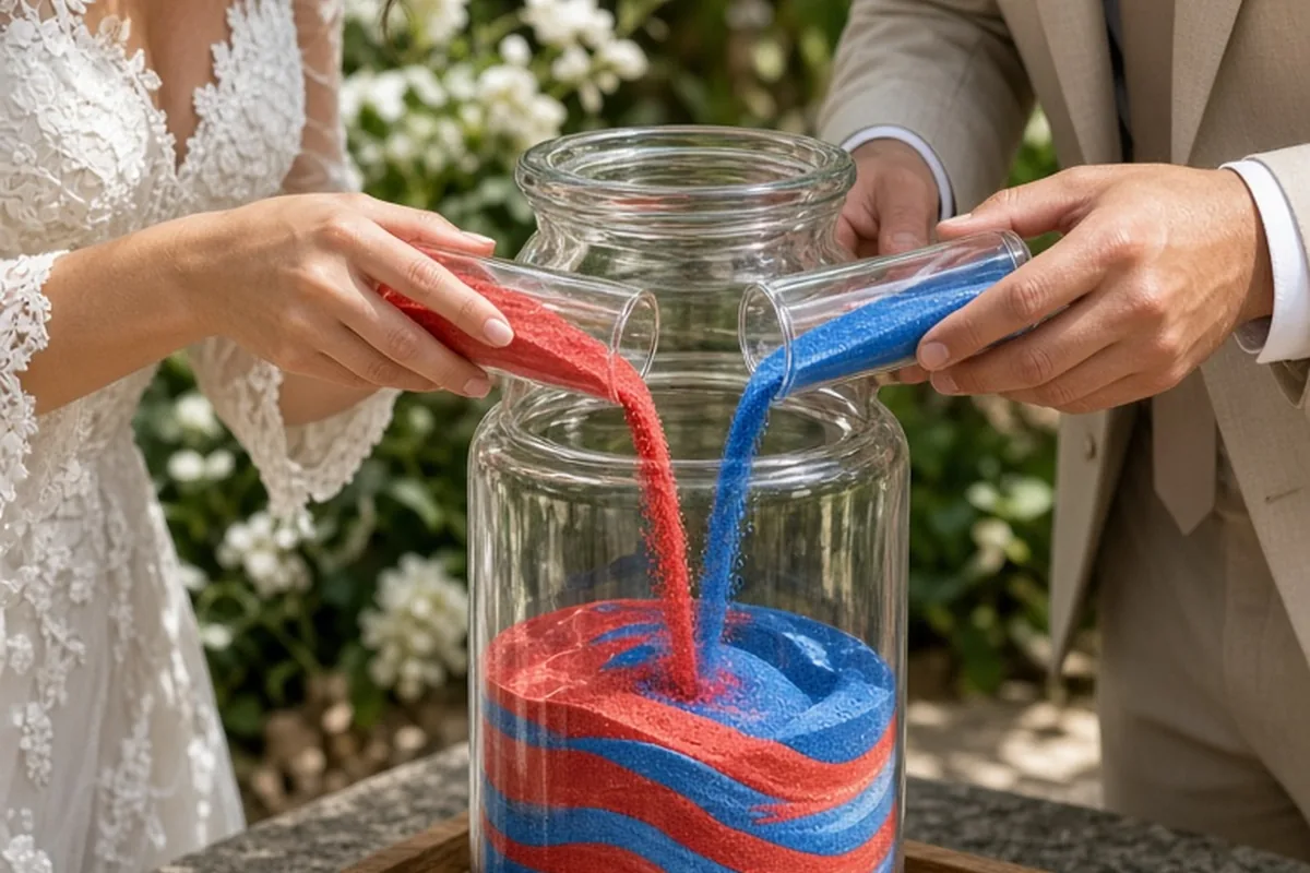 The couple's hands pouring red and blue sands into a glass vessel on a wooden tray in a sunny outdoor garden during a wedding ceremony