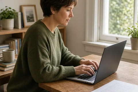 A woman with short brown hair in an olive green sweater typing on a laptop in a home office while reviewing a list of names on the desk