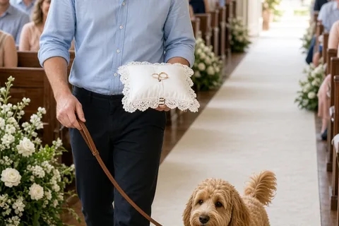 A clearly adult man walking a small dog down a wedding aisle, holding a small pillow in his free hand