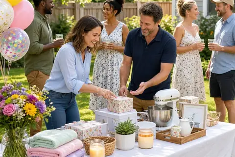 A group of clearly adult guests in casual summer attire mingling around a long table with unwrapped gifts in a sunny backyard during a couples shower