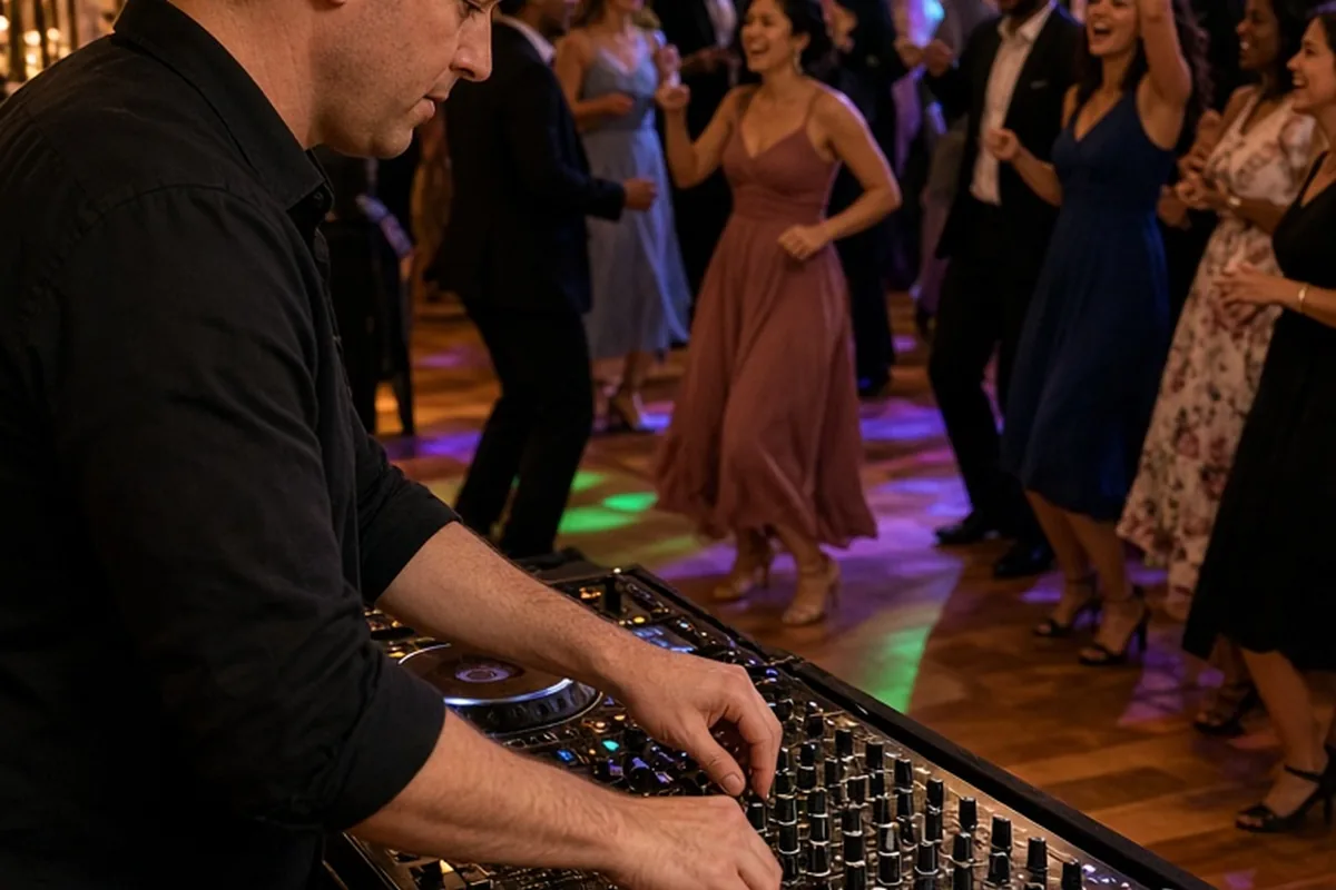 A wedding DJ at the mixing console with guests dancing energetically on the floor in a decorated reception hall