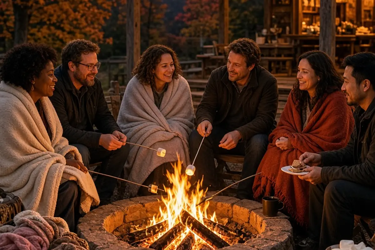 Group of adults around a fire pit toasting marshmallows and wrapped in blankets at an outdoor rustic barn fall wedding reception