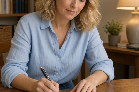 A woman with wavy blonde hair writing on blank index cards at a wooden desk in a home office
