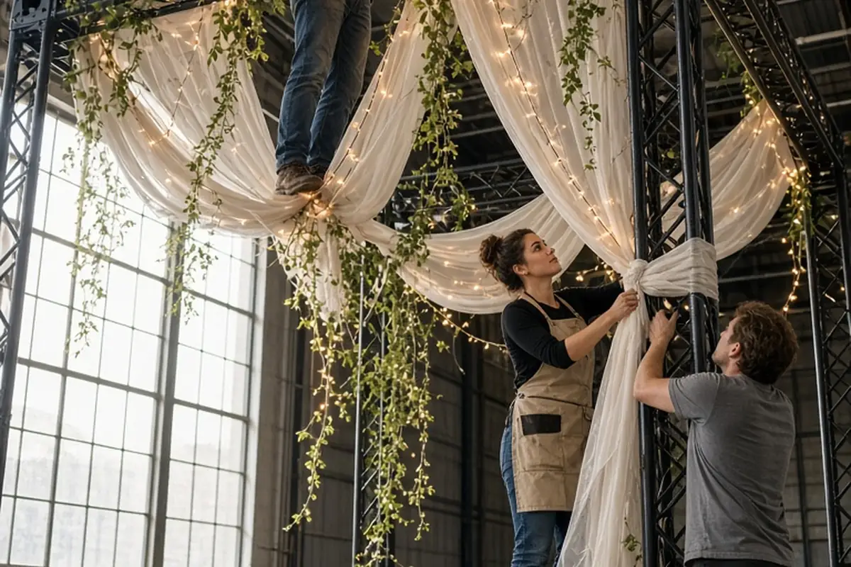 decorators hanging fairy lights and floral canopy from a truss in an industrial wedding venue
