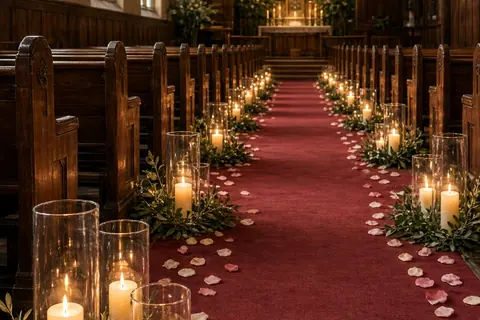 The decorated historic church aisle with glass cylinder vases containing LED candles and scattered petals on the carpet extending to the altar