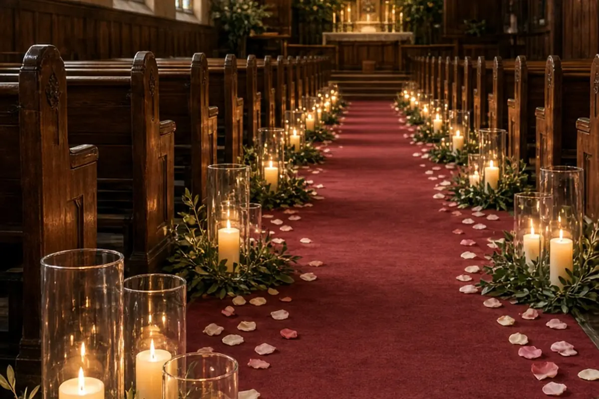 The decorated historic church aisle with glass cylinder vases containing LED candles and scattered petals on the carpet extending to the altar