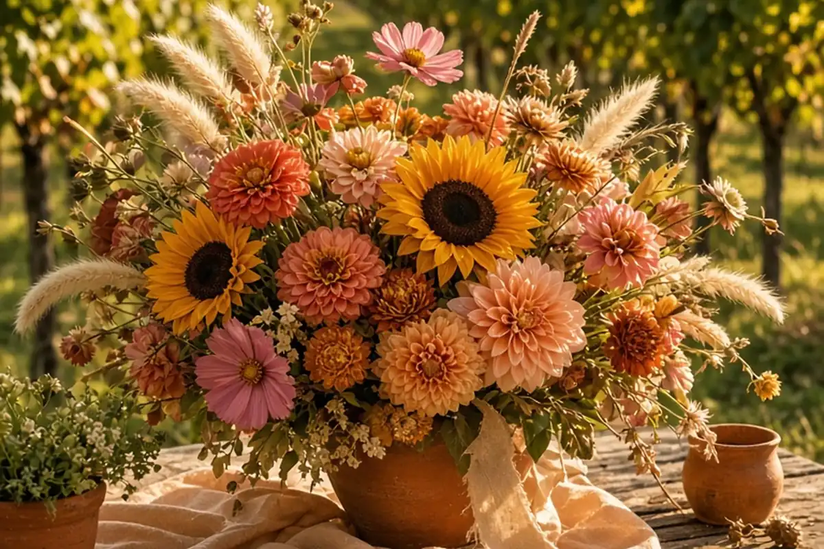 A large floral centerpiece on a rustic wooden table in an August vineyard featuring zinnias, cosmos, sunflowers, strawflowers and early-blooming dahlias in coral, apricot and deep gold tones with no v