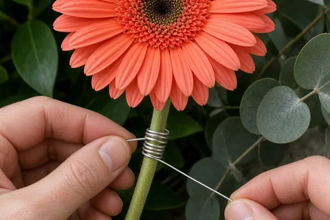 A close-up of a florist's hands wrapping floral wire around a coral gerbera daisy stem to reinforce the bloom for an outdoor wedding bouquet