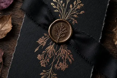 High-angle close-up of a dark Halloween wedding invitation with wax seal and silk ribbon on a wooden table