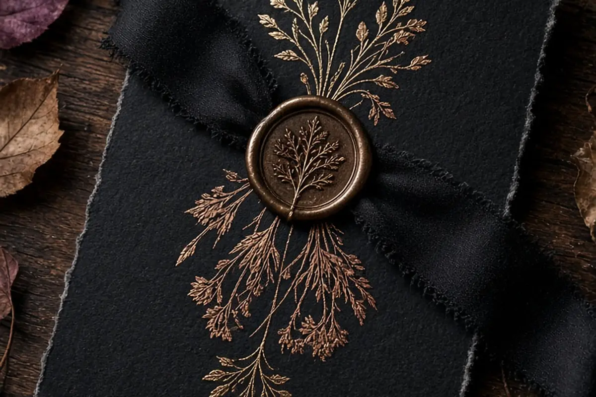 High-angle close-up of a dark Halloween wedding invitation with wax seal and silk ribbon on a wooden table